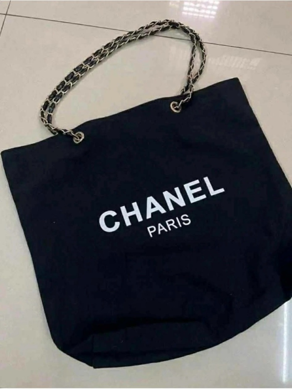 CHANEL GWP Canvas Tote with White Logo and Chain-Strap Handles
